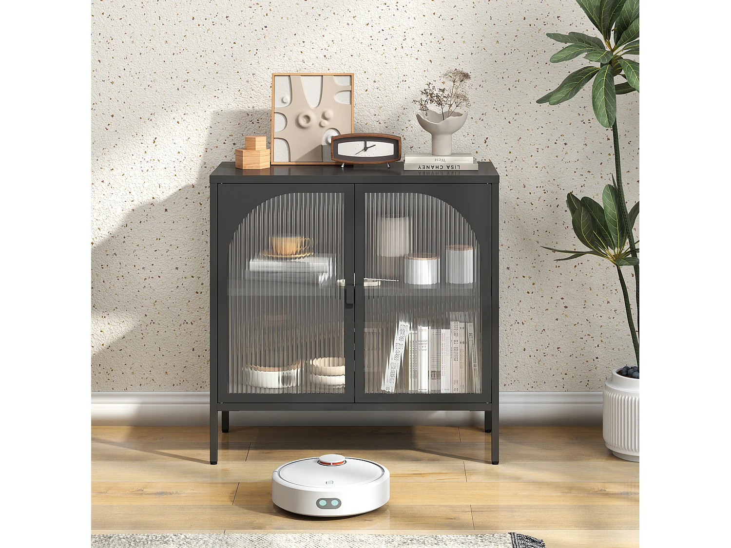 Aparador moderno em estilo industrial com prateleiras ajustáveis para sala de estar, cozinha e sala de jantar, preto.