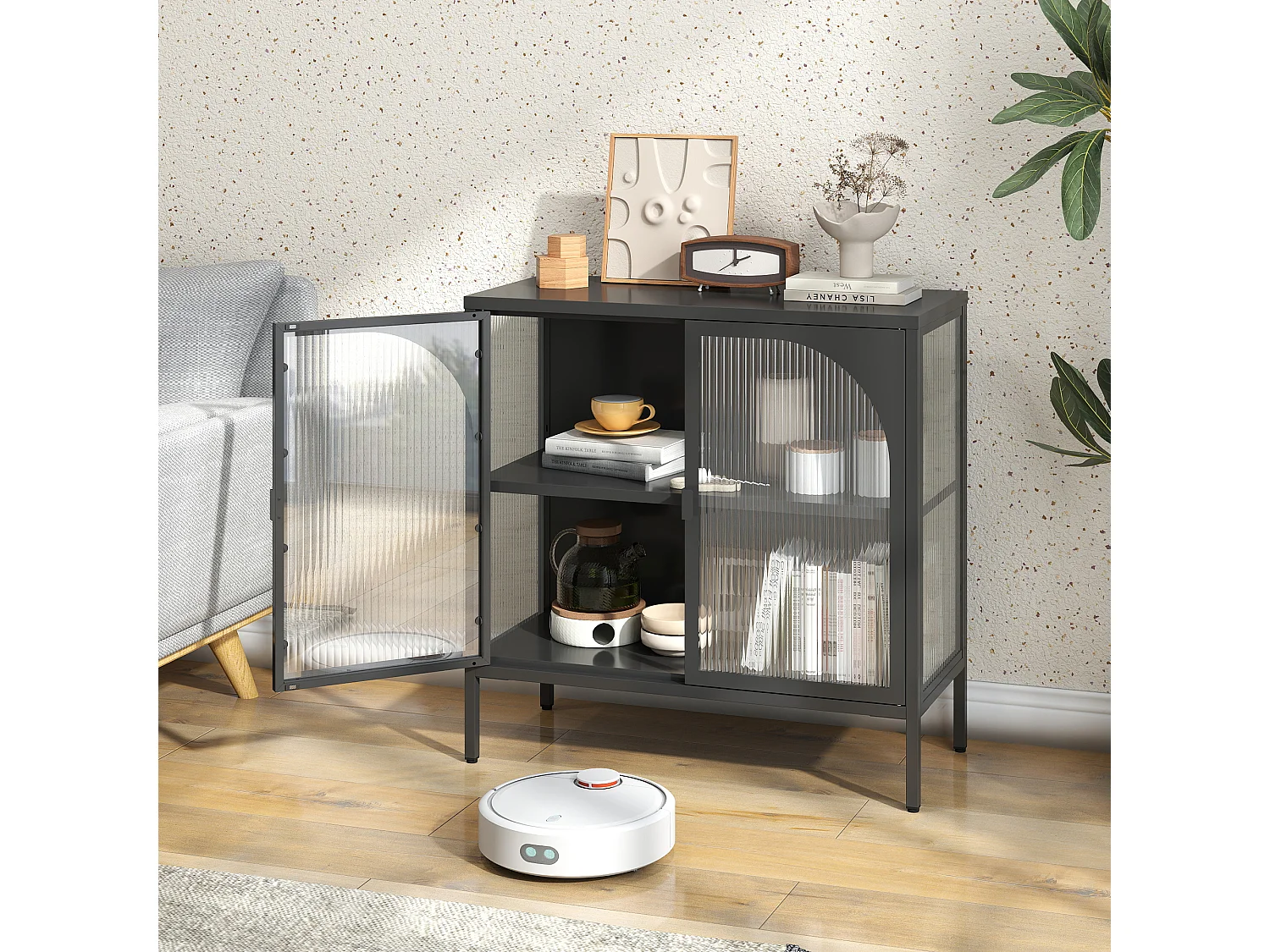 Aparador moderno em estilo industrial com prateleiras ajustáveis para sala de estar, cozinha e sala de jantar, preto.