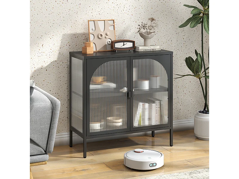 Aparador moderno em estilo industrial com prateleiras ajustáveis para sala de estar, cozinha e sala de jantar, preto.