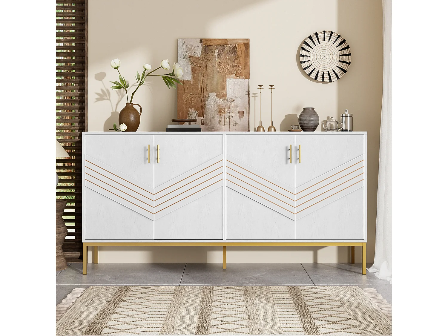Aparador moderno de 4 portas em branco e dourado – MDF, pés de metal, para sala de estar e sala de jantar.