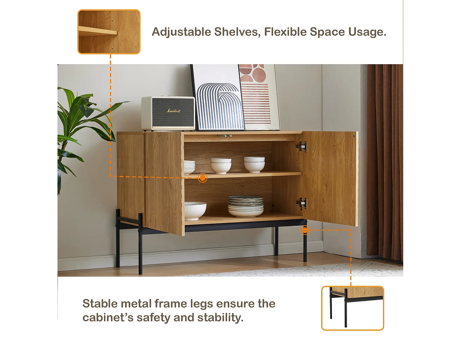 Buffet Cusine, Meuble de Rangement avec 2 Portes, Pieds en Métal, Design de Lignes,100 x40x75cm,Bois