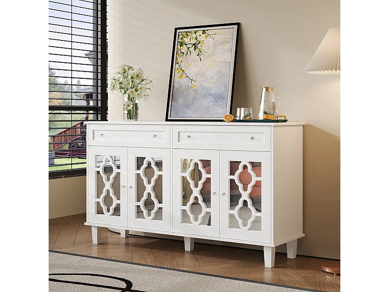 Aparador com 2 gavetas e 4 portas espelhadas, com prateleiras ajustáveis, 140 x 40 x 83 cm, branco