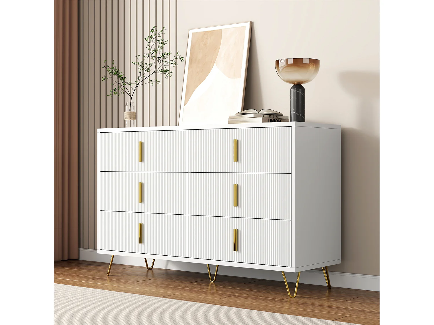 Wit dressoir met 6 lades, moderne hoekladekast, voor slaapkamer, woonkamer, kantoor