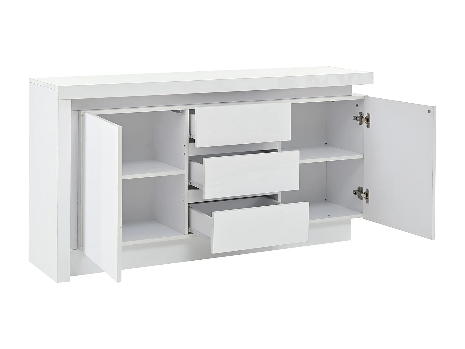 Credenza con 3 cassetti e 2 ante, con illuminazione a LED, senza maniglie, 140 x 35 x 72,5 cm - Bianco