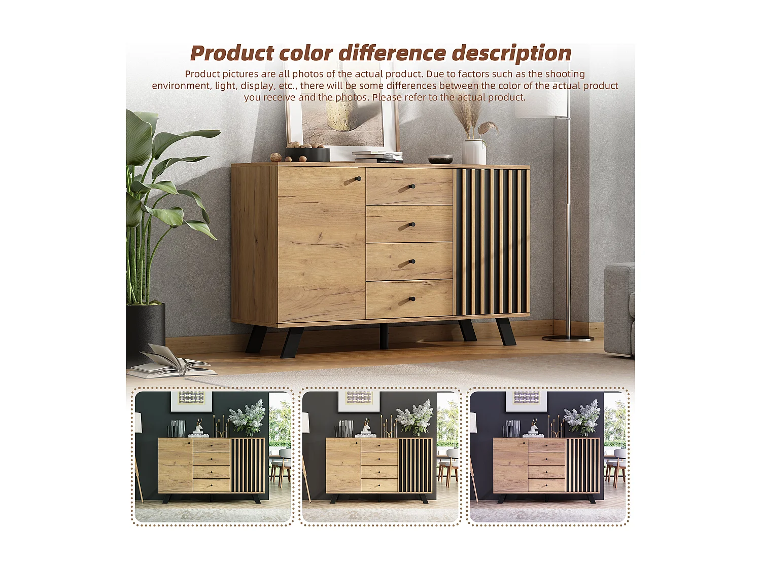 Buffet Salon 120x38x75 cm, Meuble avec 4 tiroirs et 2 armoires, Design ajouré, Couleur bois