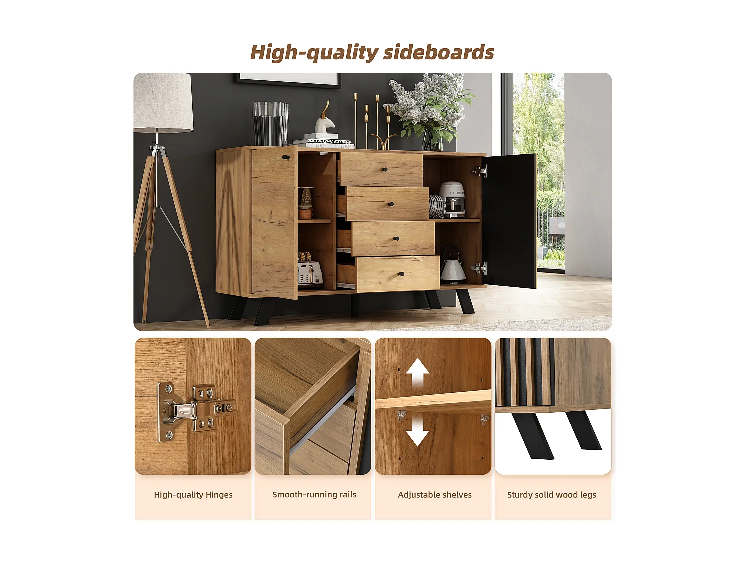 Buffet Salon 120x38x75 cm, Meuble avec 4 tiroirs et 2 armoires, Design ajouré, Couleur bois