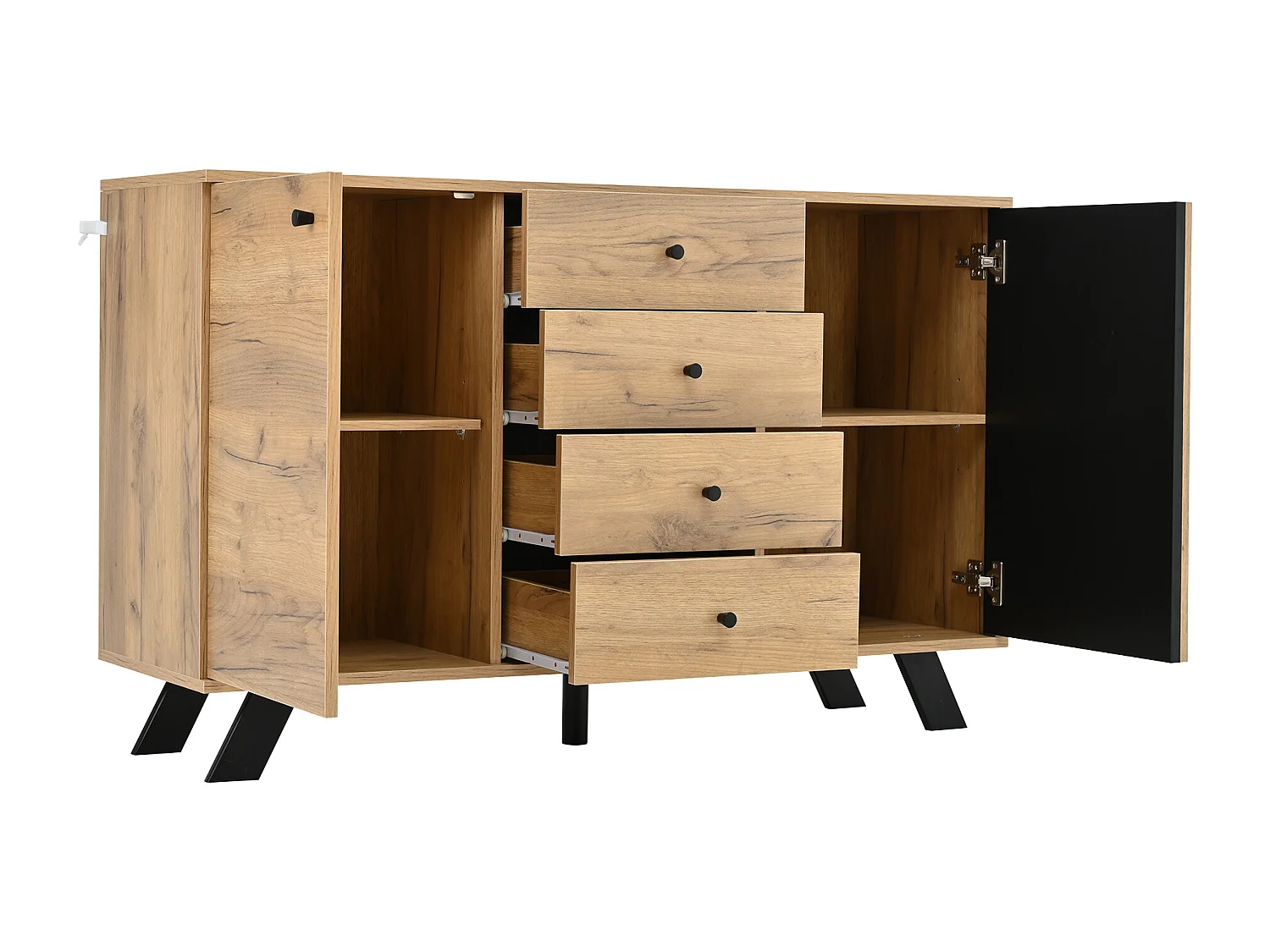 Buffet Salon 120x38x75 cm, Meuble avec 4 tiroirs et 2 armoires, Design ajouré, Couleur bois