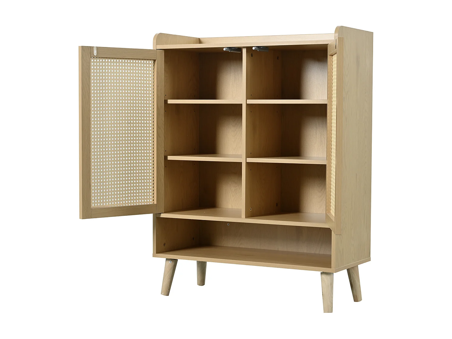 Credenza in rattan con ante e ripiani, gambe in legno massello e maniglie in legno, 80 x 35 x 105 cm