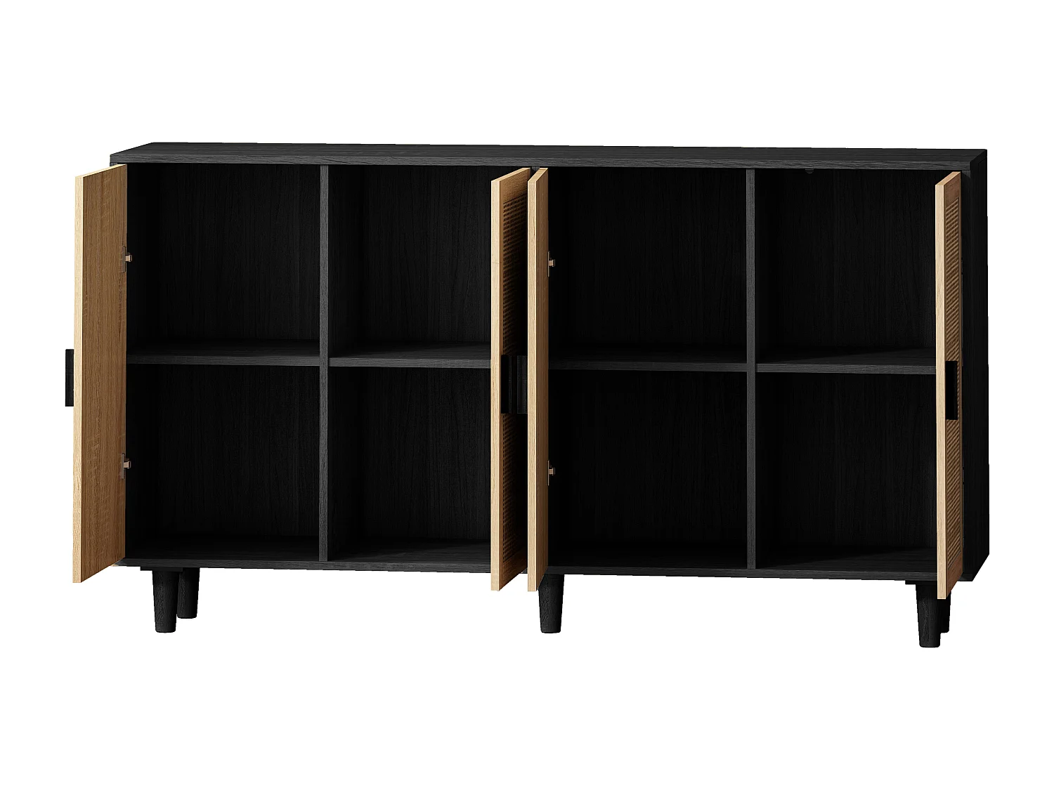 Modern dressoir met 4 rotan deuren en houten poten, keukenkast, zwart