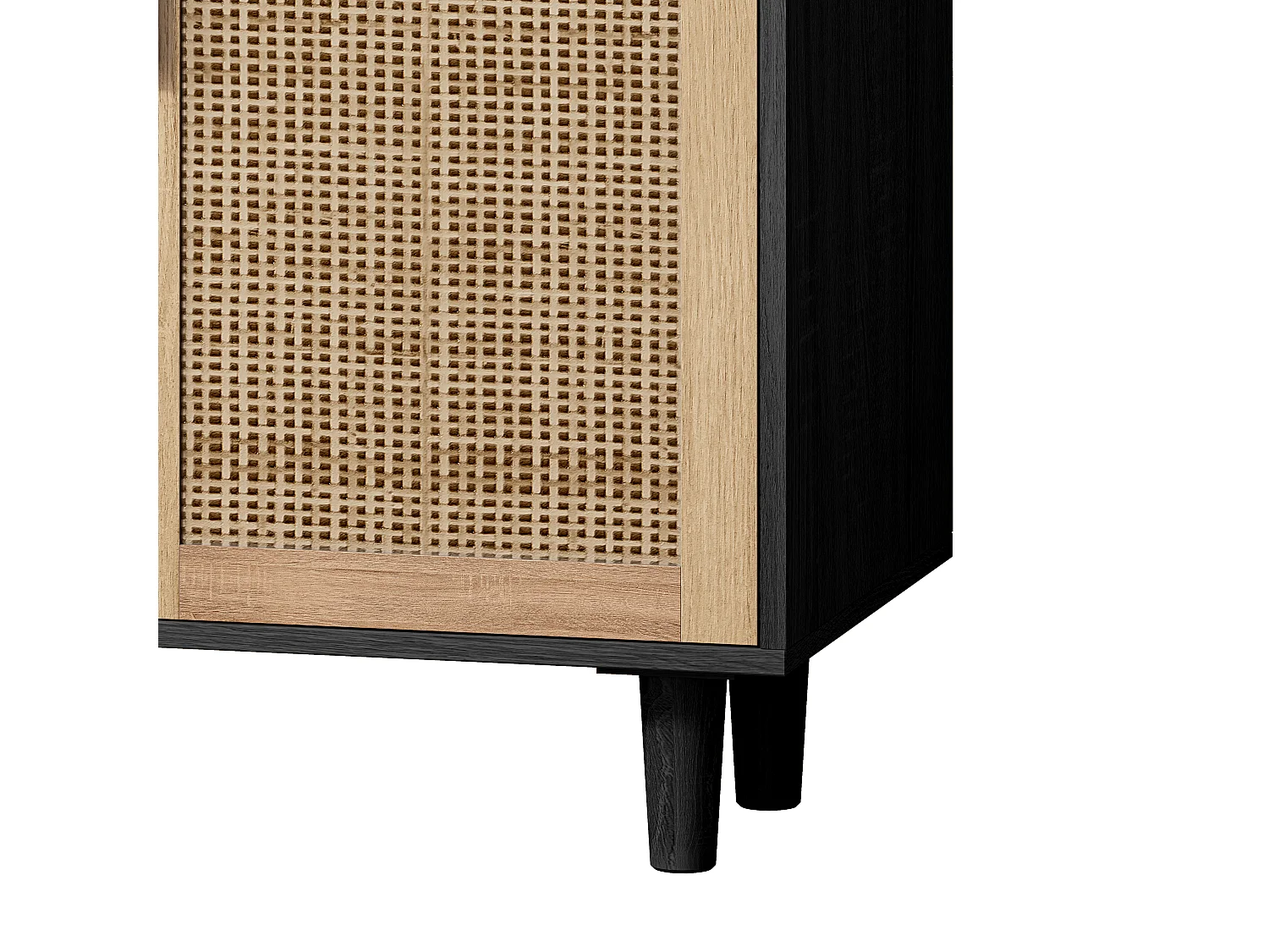 Modern dressoir met 4 rotan deuren en houten poten, keukenkast, zwart