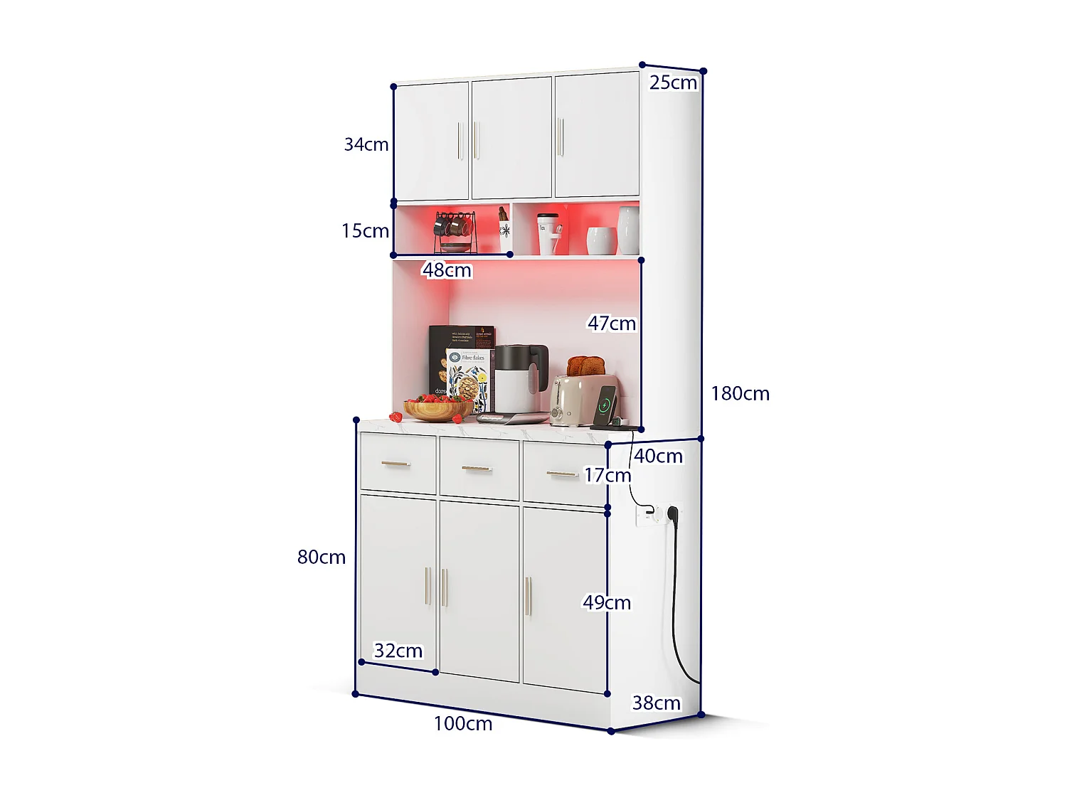 Aparador multifuncional 100×40×180 cm com iluminação LED, gavetas, prateleiras ajustáveis, para sala de estar, cozinha, branco