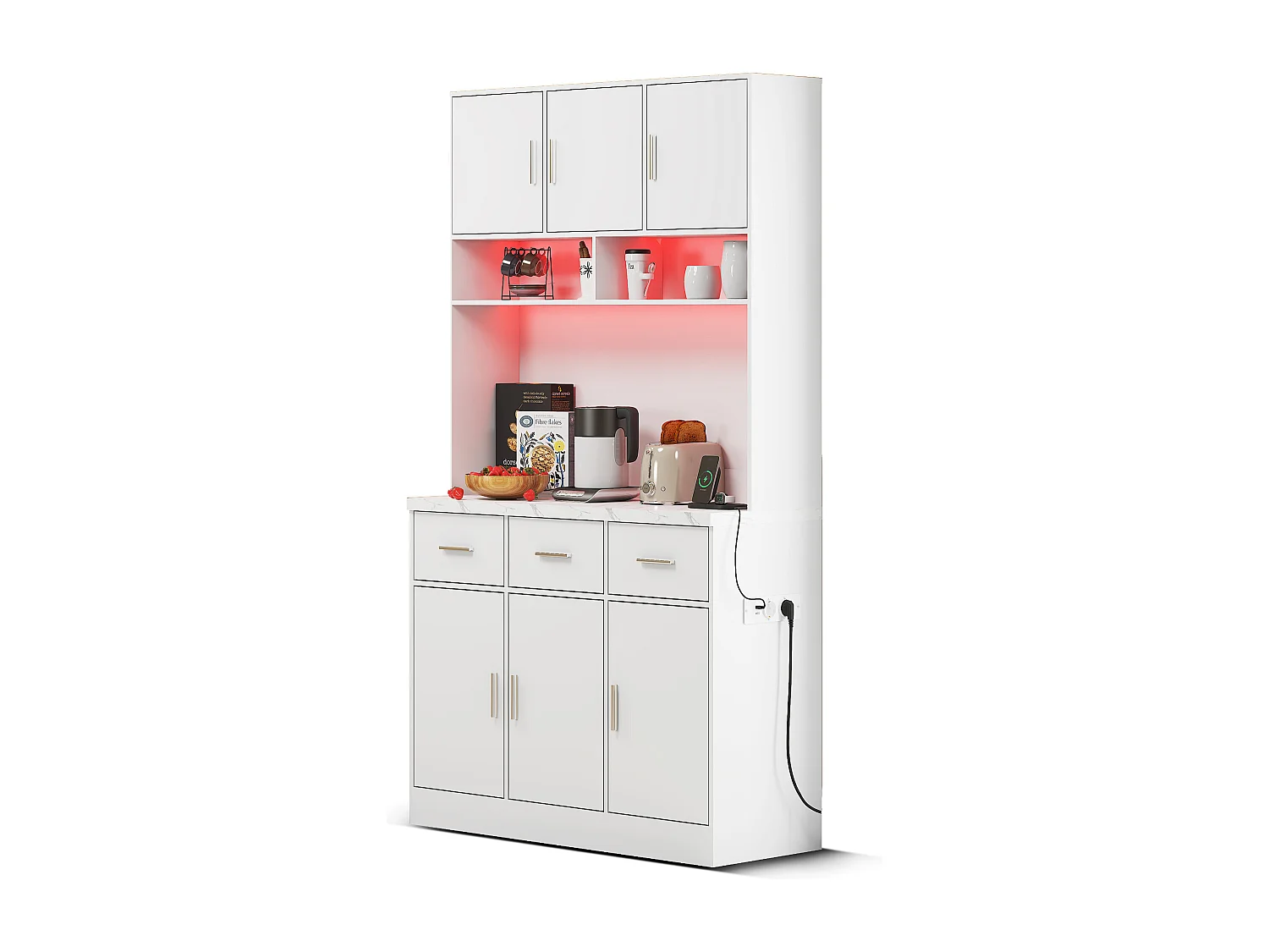 Buffet multifonction 100×40×180 cm avec LED, tiroirs, étagères réglables, pour salon, cuisine, blanc