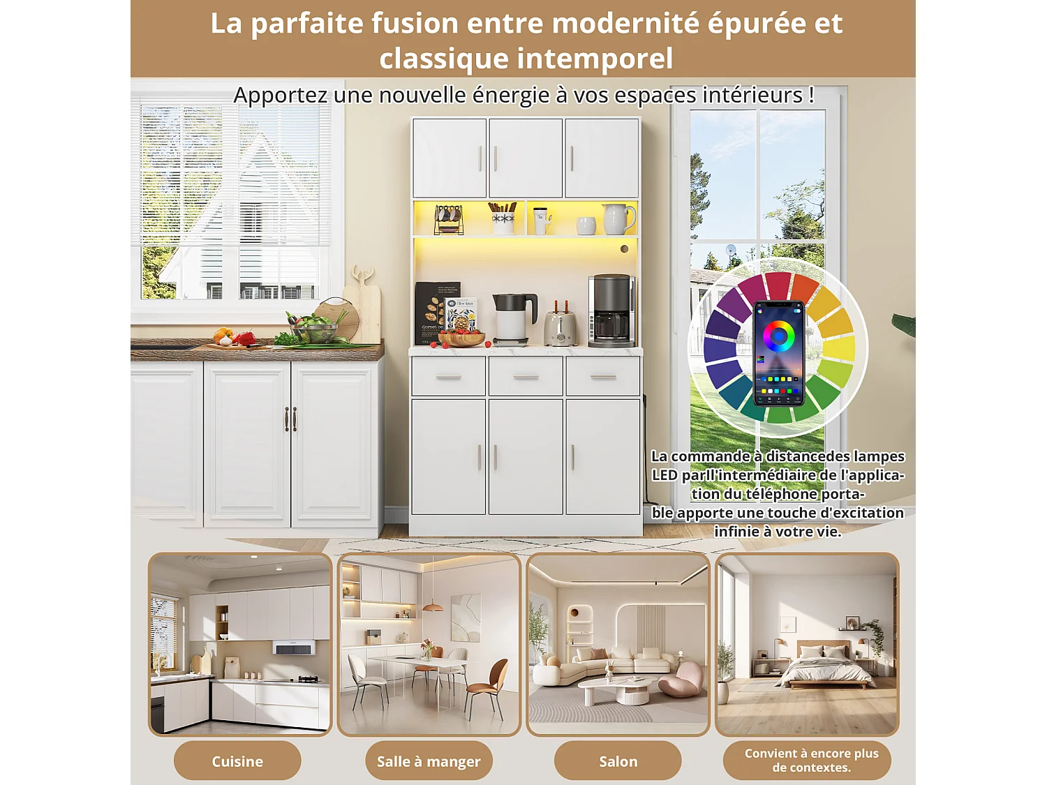 Buffet multifonction 100×40×180 cm avec LED, tiroirs, étagères réglables, pour salon, cuisine, blanc