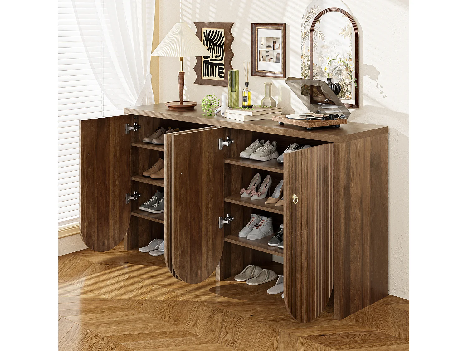 Buffet aspect noyer 147 × 40 × 80 cm - Armoire avec 4 portes - pour salon, salle à manger et couloir