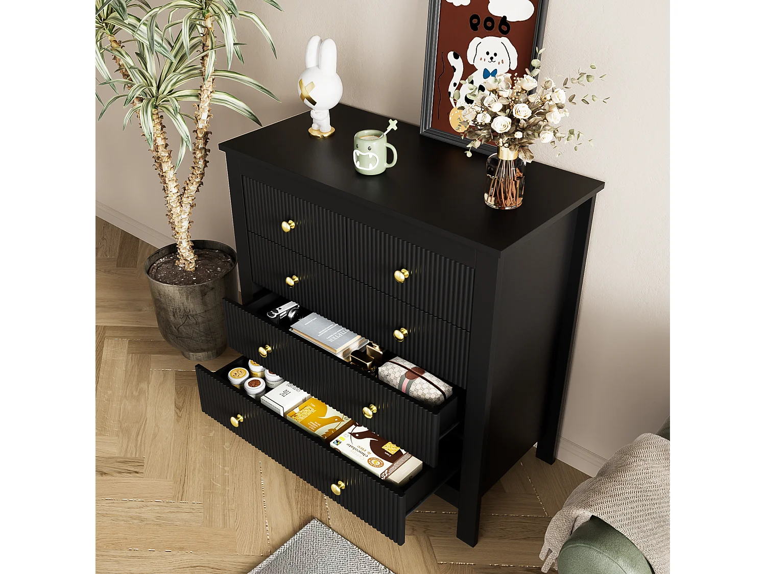 Buffet de Style Contemporain, Commode avec Espace de Rangement, avec poignées dorées, Noir