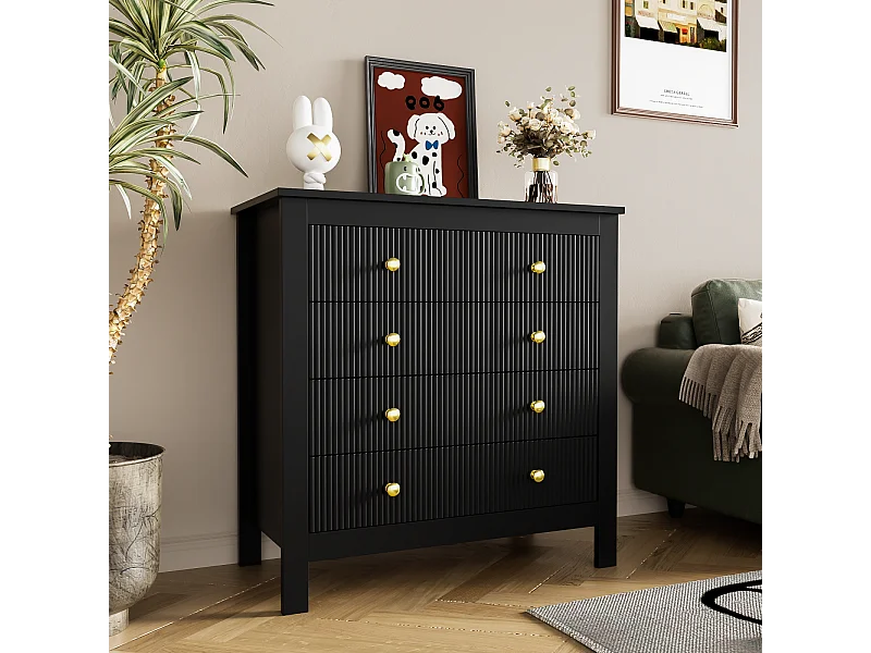 Buffet de Style Contemporain, Commode avec Espace de Rangement, avec poignées dorées, Noir