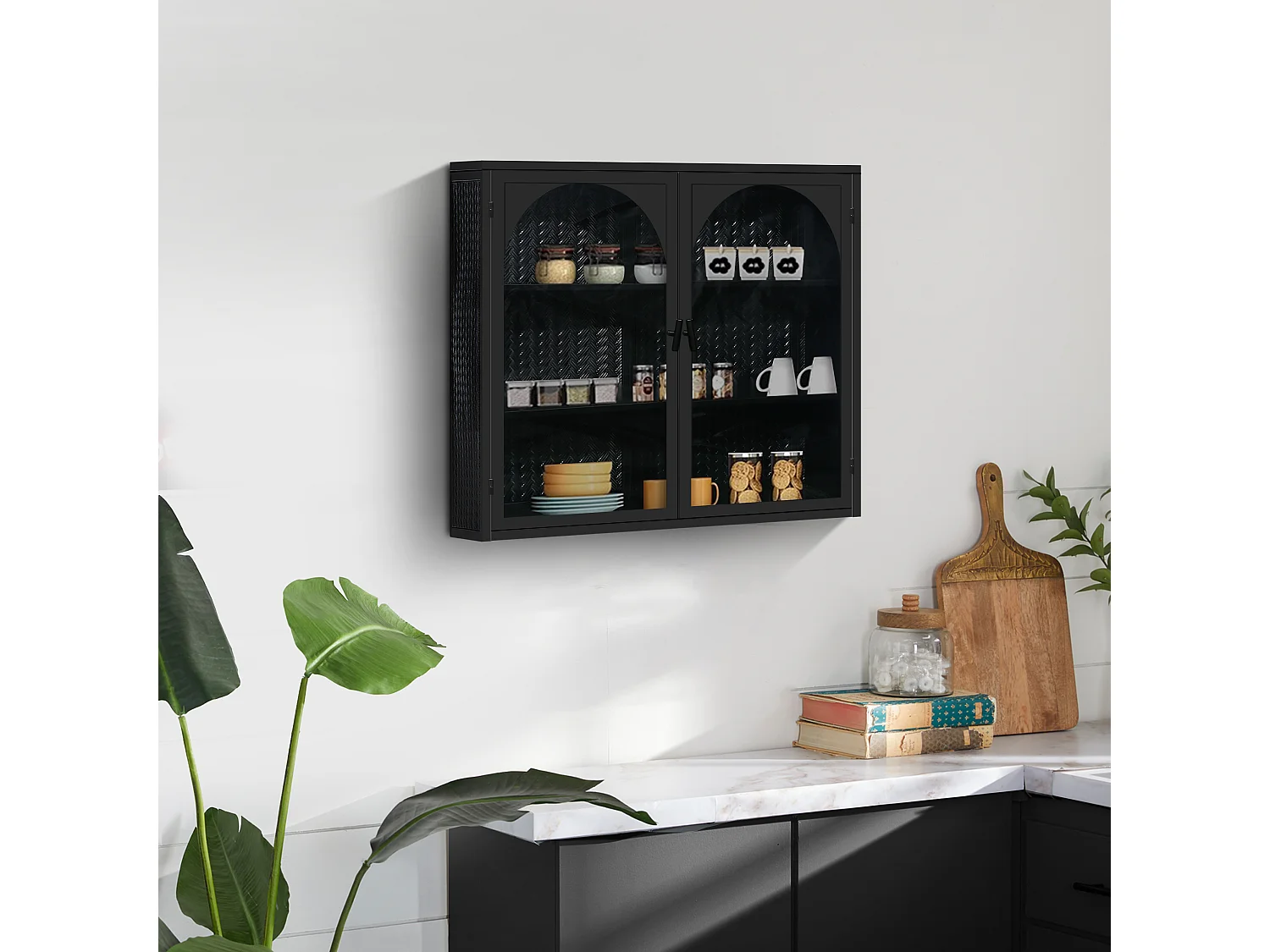 70cm glazen wandkast met twee deuren, geschikt voor entree, woonkamer, badkamer, geweven patroon, zwart