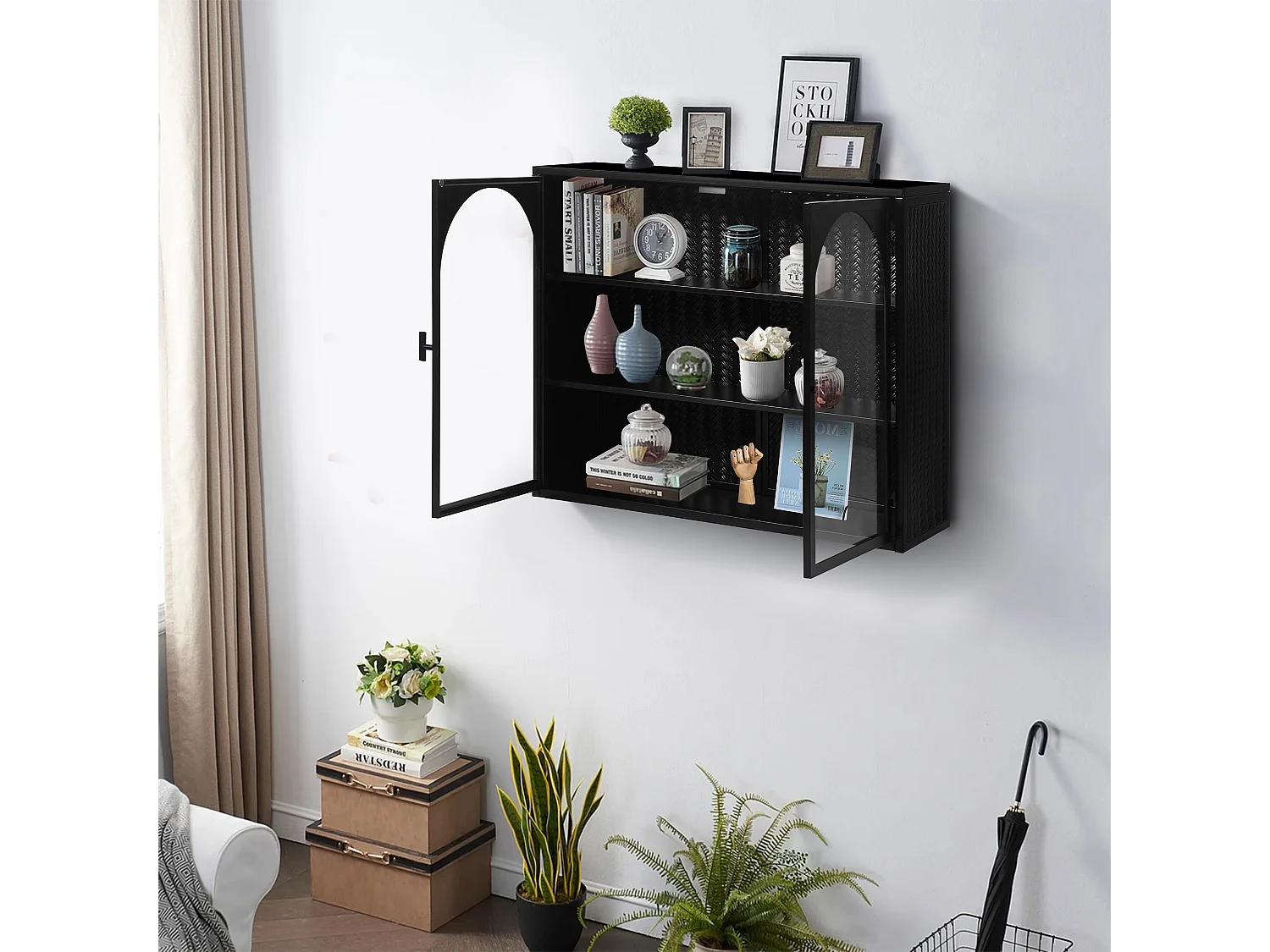 Armoire murale en verre de 70 cm, avec deux portes, entrée, salon, salle de bain, motif tissé, Noir