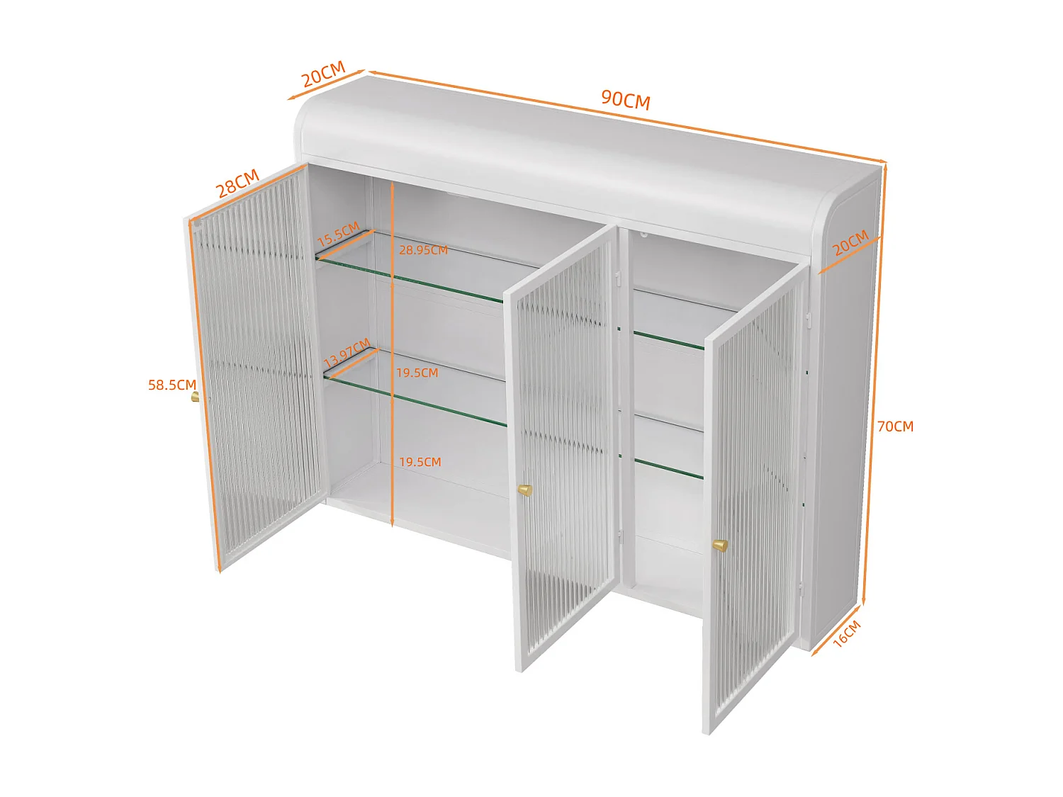 Moderne wandkast met glazen deuren - voor keuken en badkamer - 90 × 20 × 70 cm, Wit
