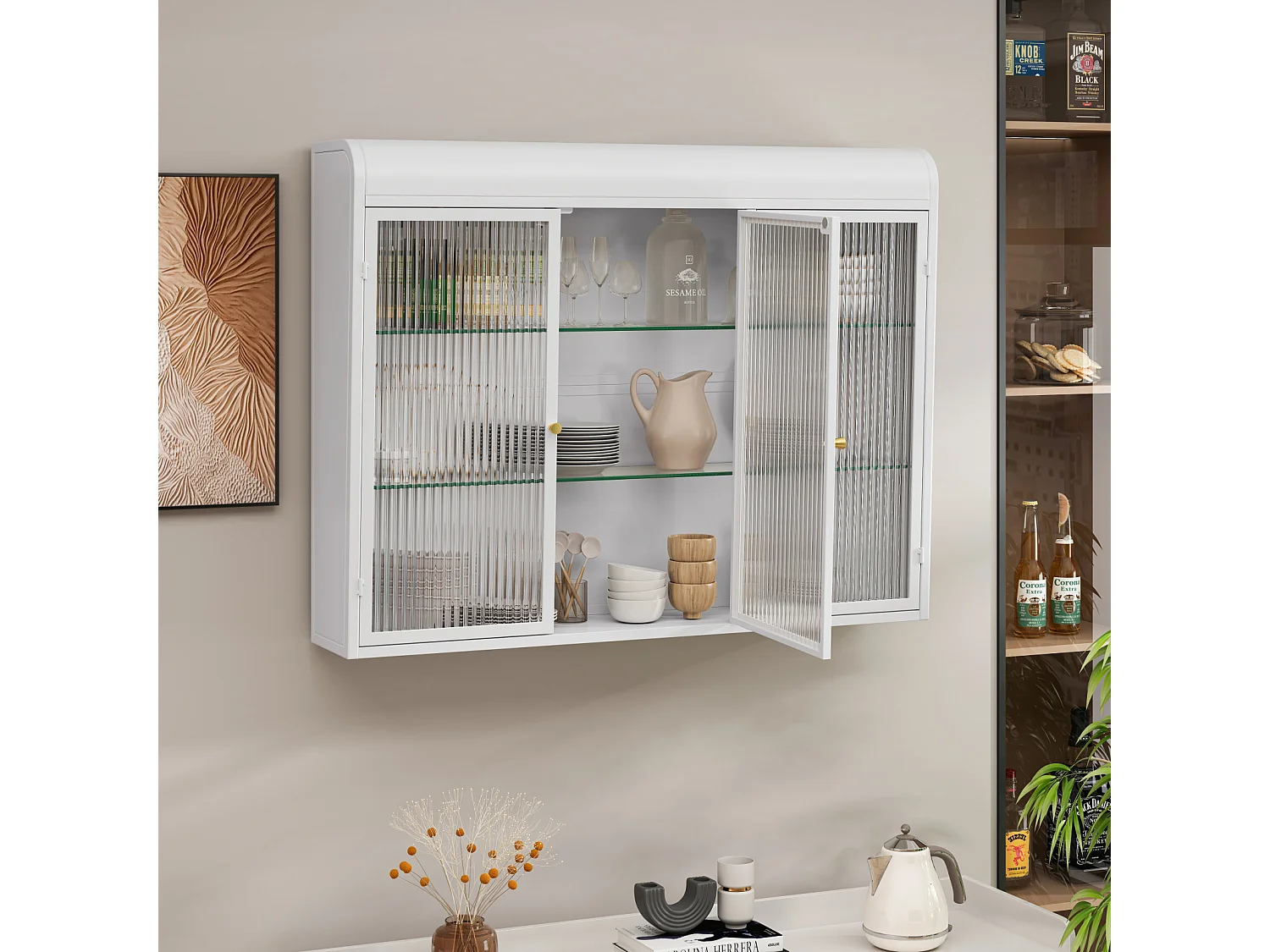 Moderne wandkast met glazen deuren - voor keuken en badkamer - 90 × 20 × 70 cm, Wit