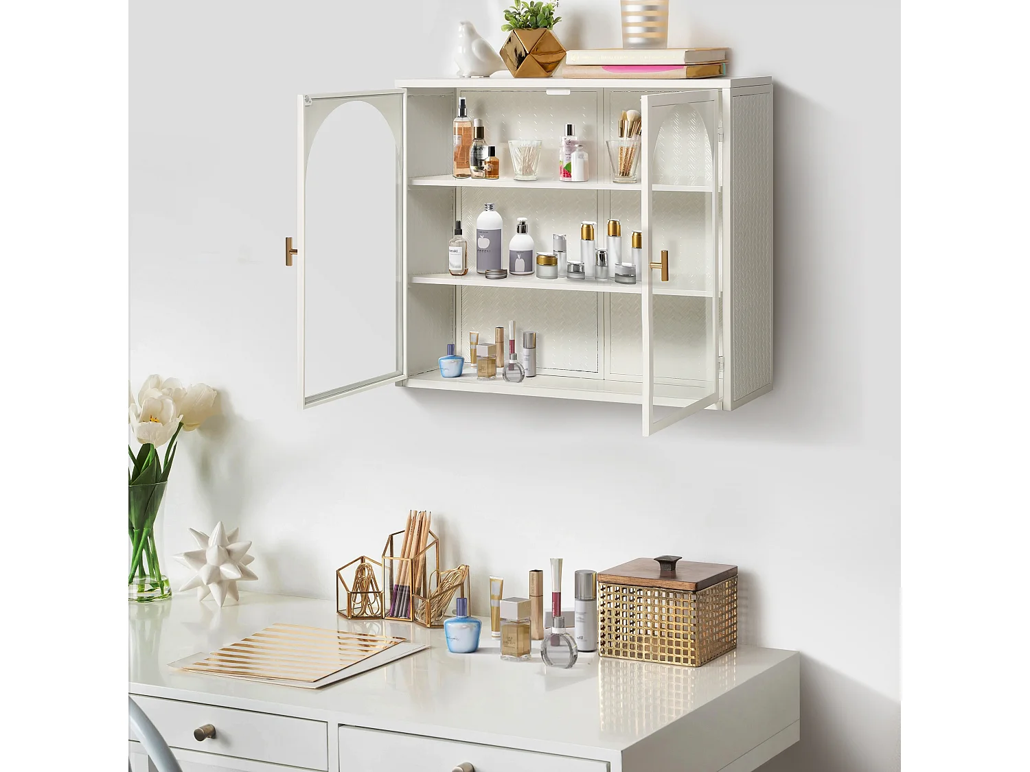 Mobiletto da parete in vetro da 70 cm con due ante, adatto per ingresso, soggiorno, bagno, motivo intrecciato, bianco