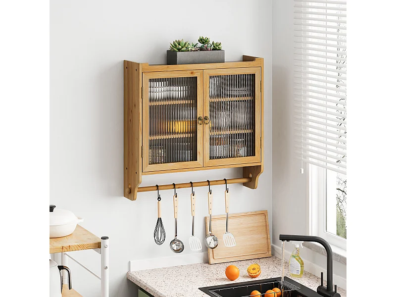 Armário de parede moderno com 2 portas de vidro e varão para pendurar roupas, madeira, 63 x 18 x 60 cm