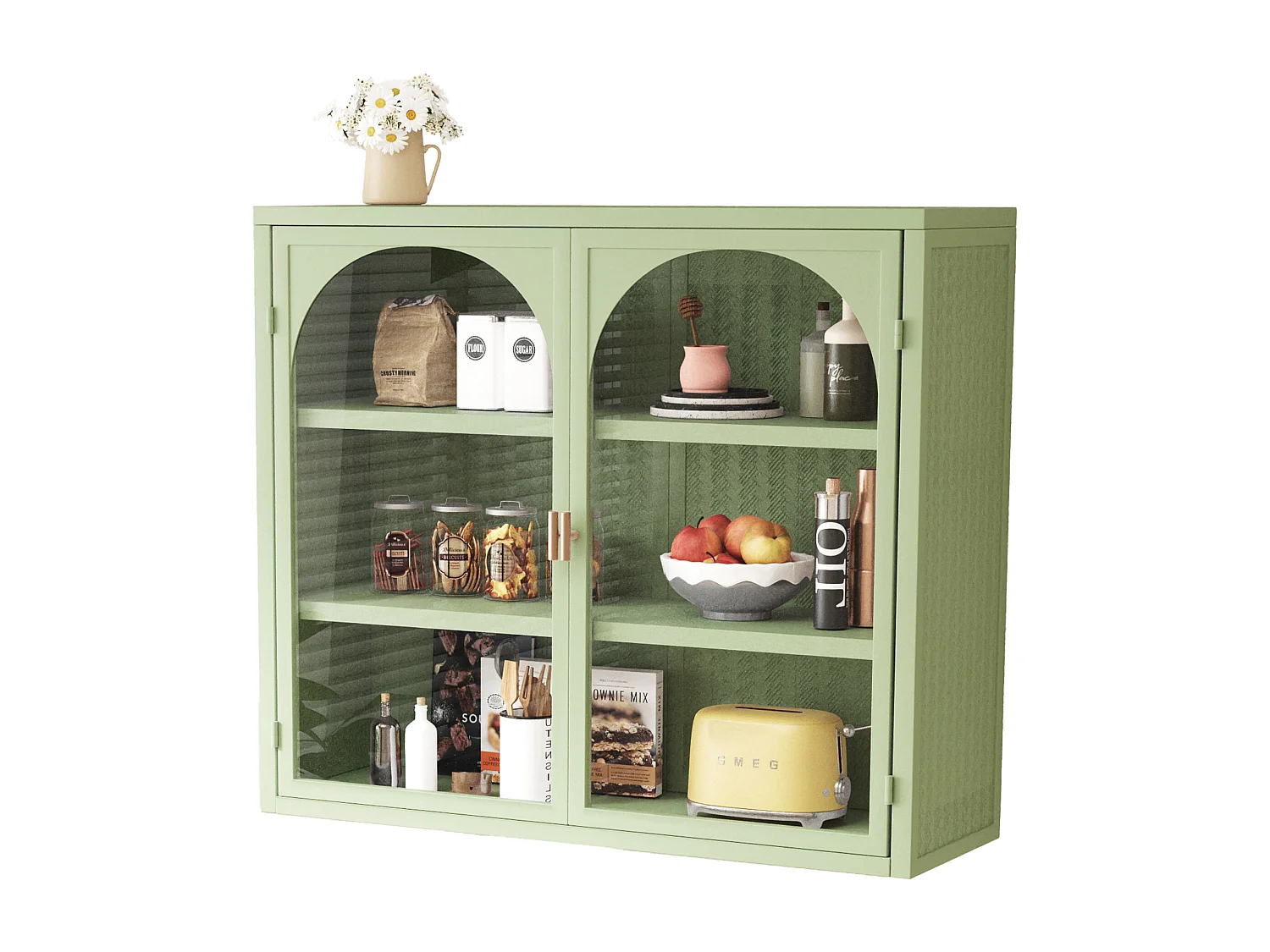 Aparador de parede com 2 portas de vidro curvas - Para cozinha e banheiro - Verde - 70 × 23 × 60 cm