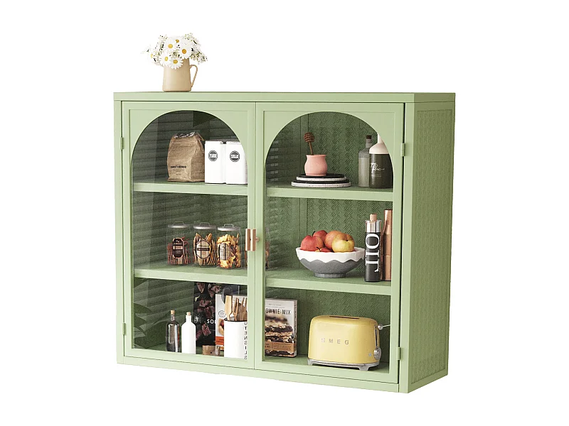 Aparador de parede com 2 portas de vidro curvas - Para cozinha e banheiro - Verde - 70 × 23 × 60 cm