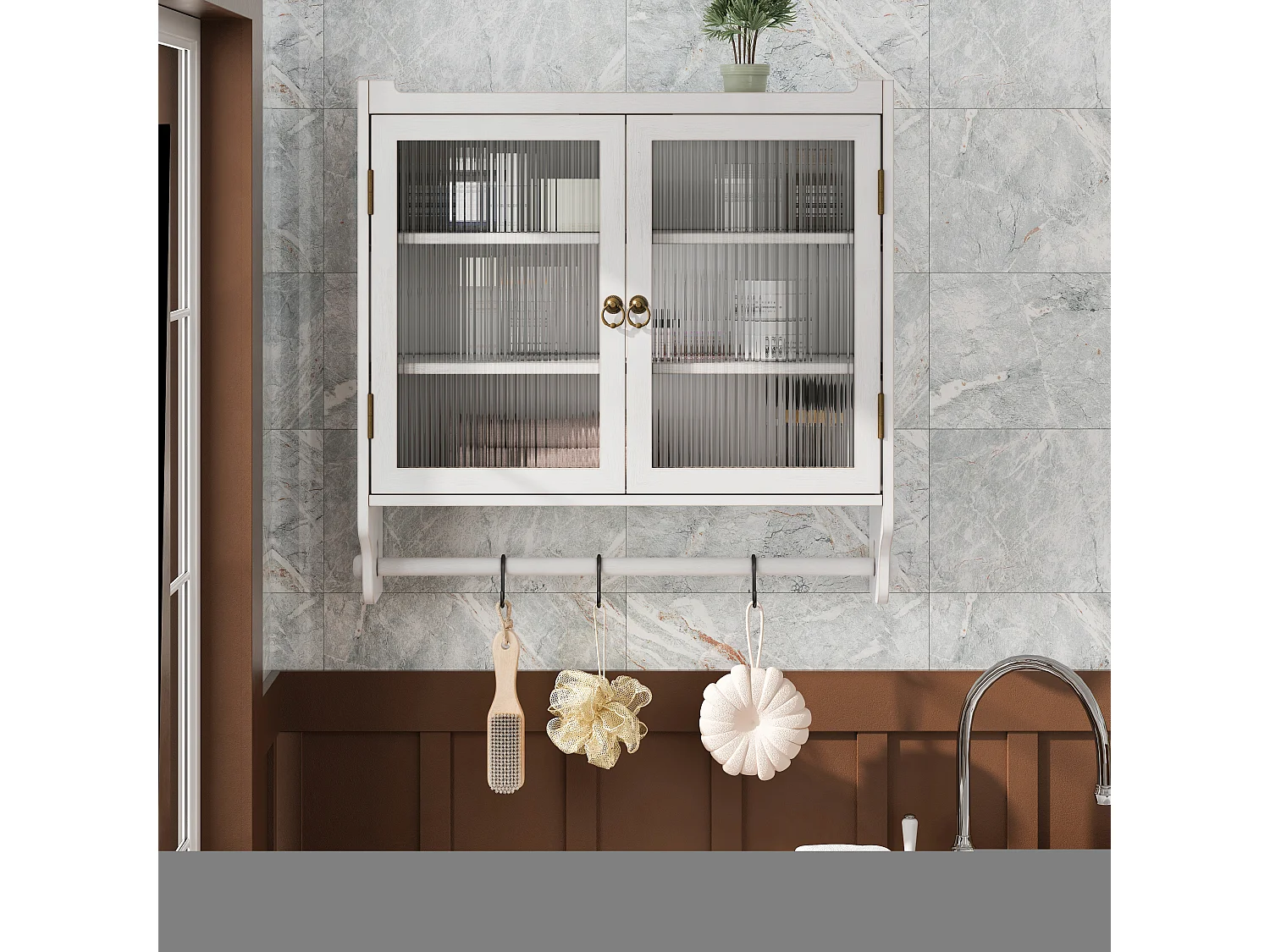 Armário de parede moderno com 2 portas de vidro e varão para pendurar roupas, branco, 63 x 18 x 60 cm