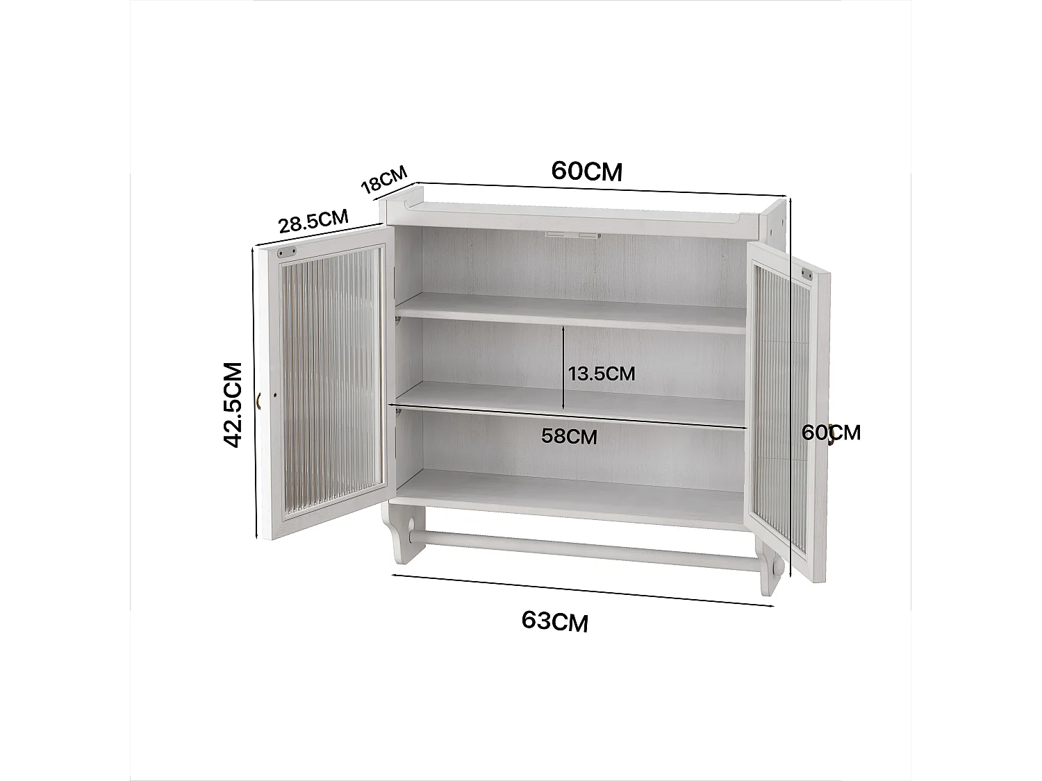 Armário de parede moderno com 2 portas de vidro e varão para pendurar roupas, branco, 63 x 18 x 60 cm