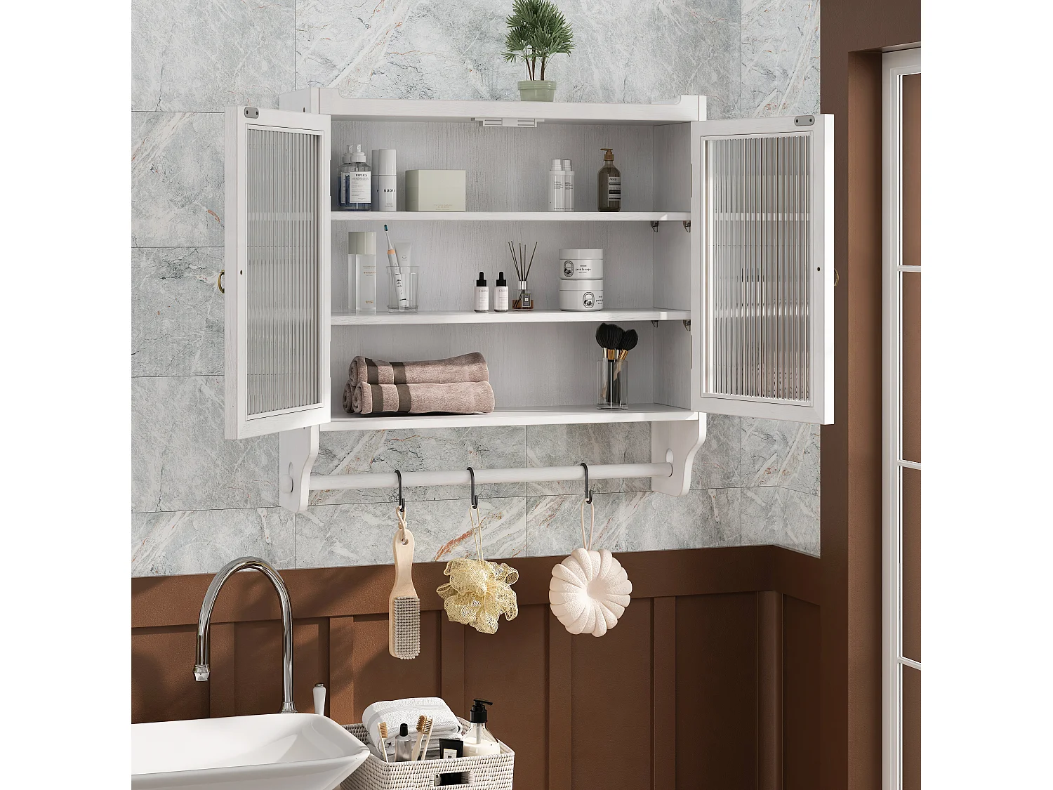 Armoire murale moderne avec 2 portes en verre et barre de suspension, Blanc, 63 x 18 x 60 cm