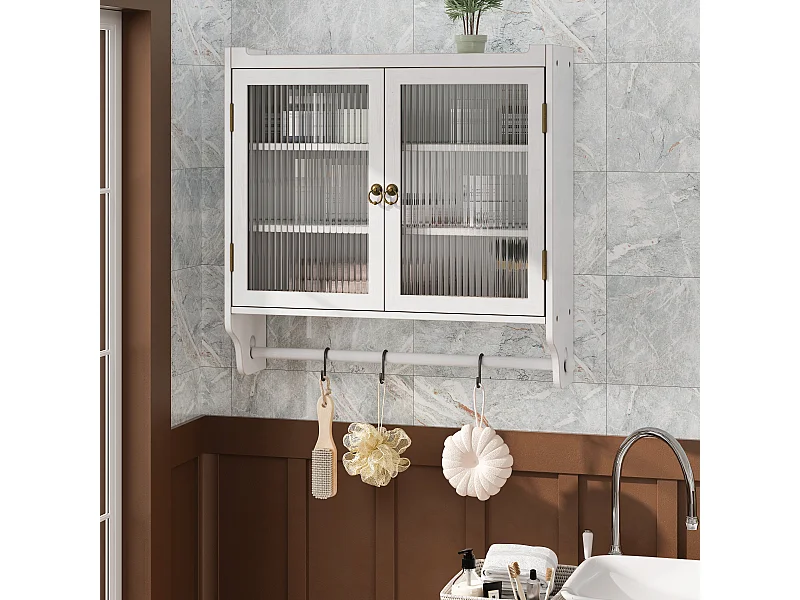 Armário de parede moderno com 2 portas de vidro e varão para pendurar roupas, branco, 63 x 18 x 60 cm