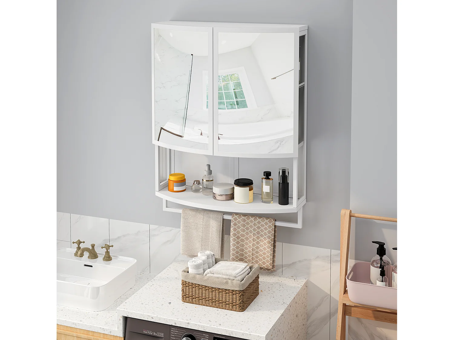 Armoire murale avec 2 portes miroir incurvées et porte-serviettes, métal, 60 × 22,5 × 80cm, Blanc