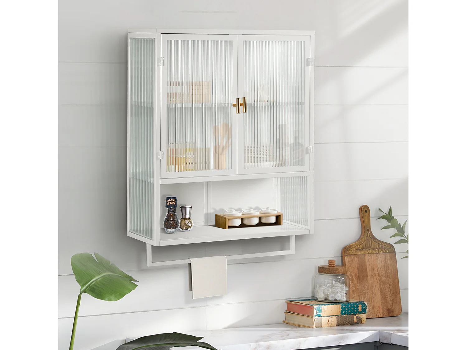 Armoire murale, style rétro, en verre, avec étagères amovibles, salles à manger, salons, blanc