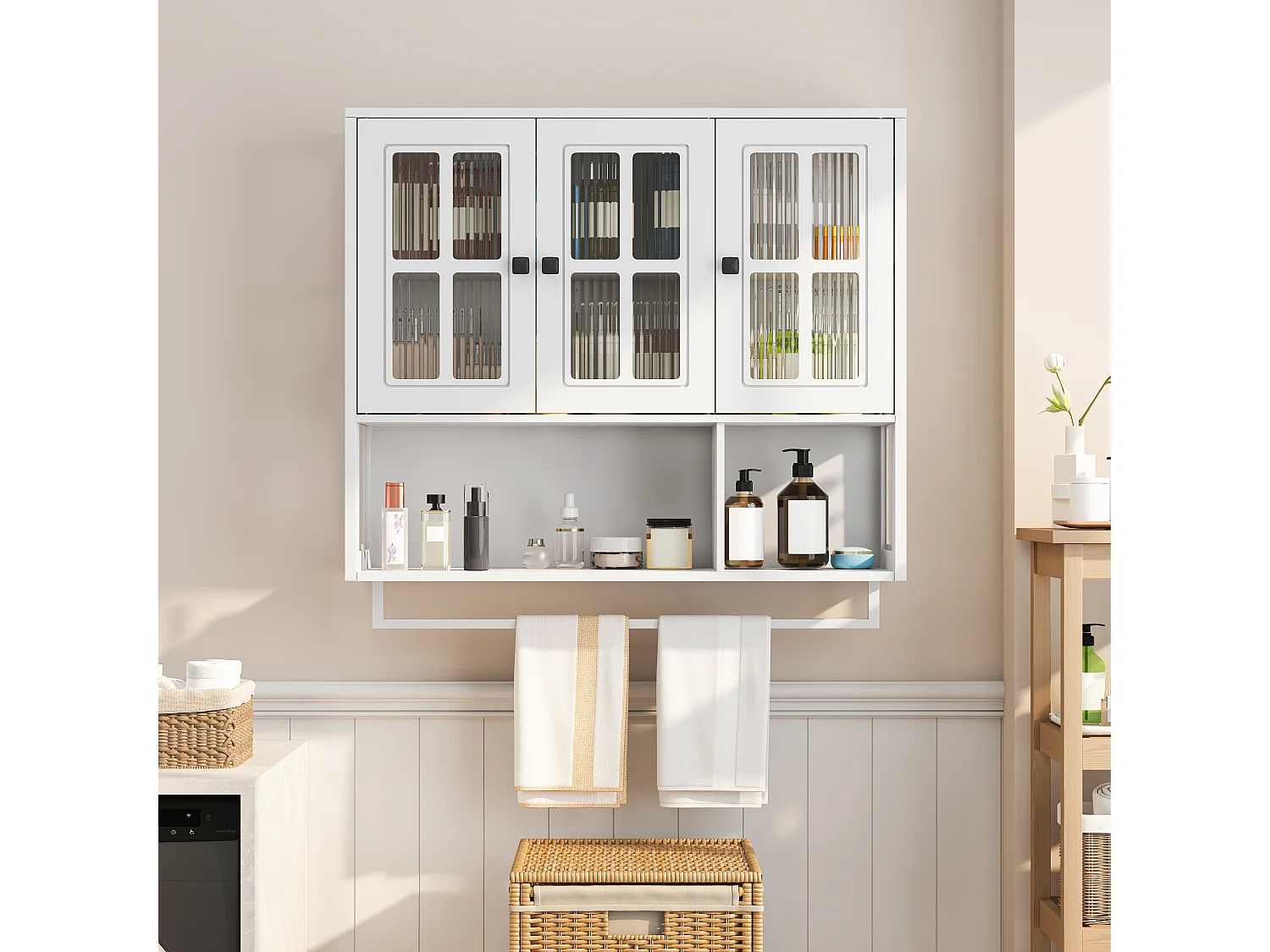 Armário de parede para banheiro, 3 portas com espaço de armazenamento aberto e fechado, 88x26x69cm, branco