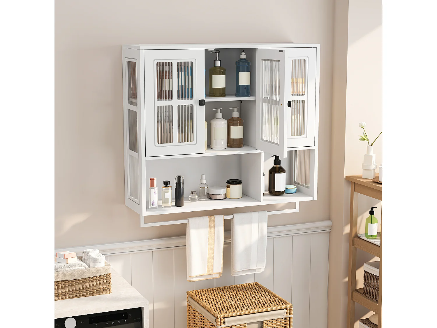 Armário de parede para banheiro, 3 portas com espaço de armazenamento aberto e fechado, 88x26x69cm, branco