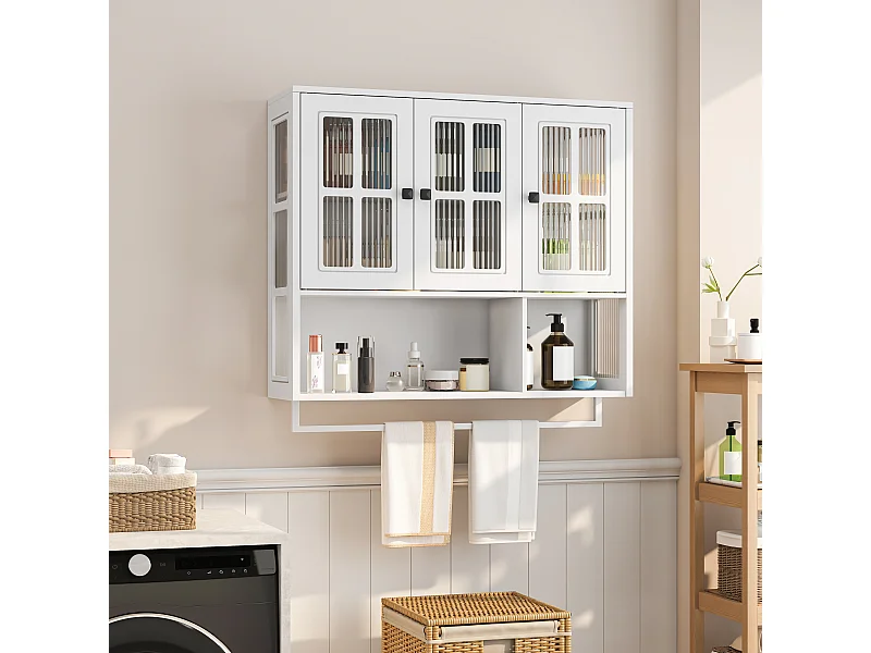 Armário de parede para banheiro, 3 portas com espaço de armazenamento aberto e fechado, 88x26x69cm, branco