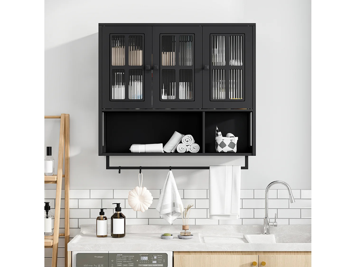 Armoire murale de salle de bain, 3 portes avec espace de rangement ouvert et caché, 88x26x69cm, Noir