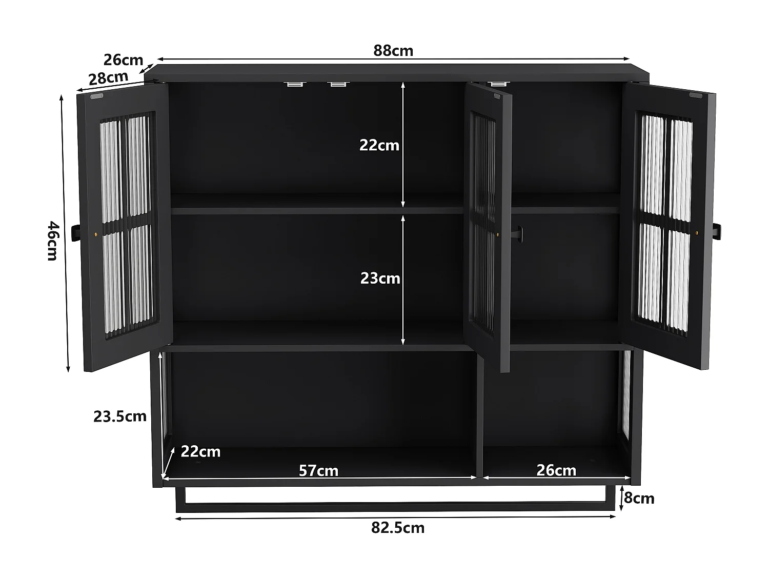 Armoire murale de salle de bain, 3 portes avec espace de rangement ouvert et caché, 88x26x69cm, Noir