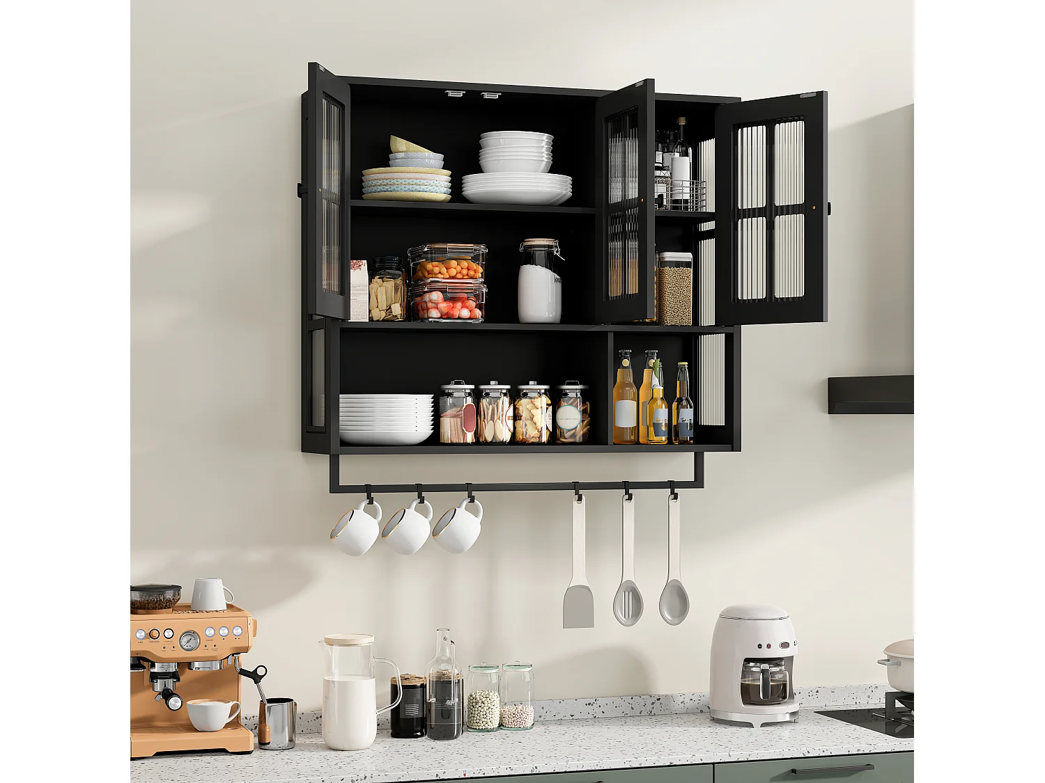 Armoire murale de salle de bain, 3 portes avec espace de rangement ouvert et caché, 88x26x69cm, Noir