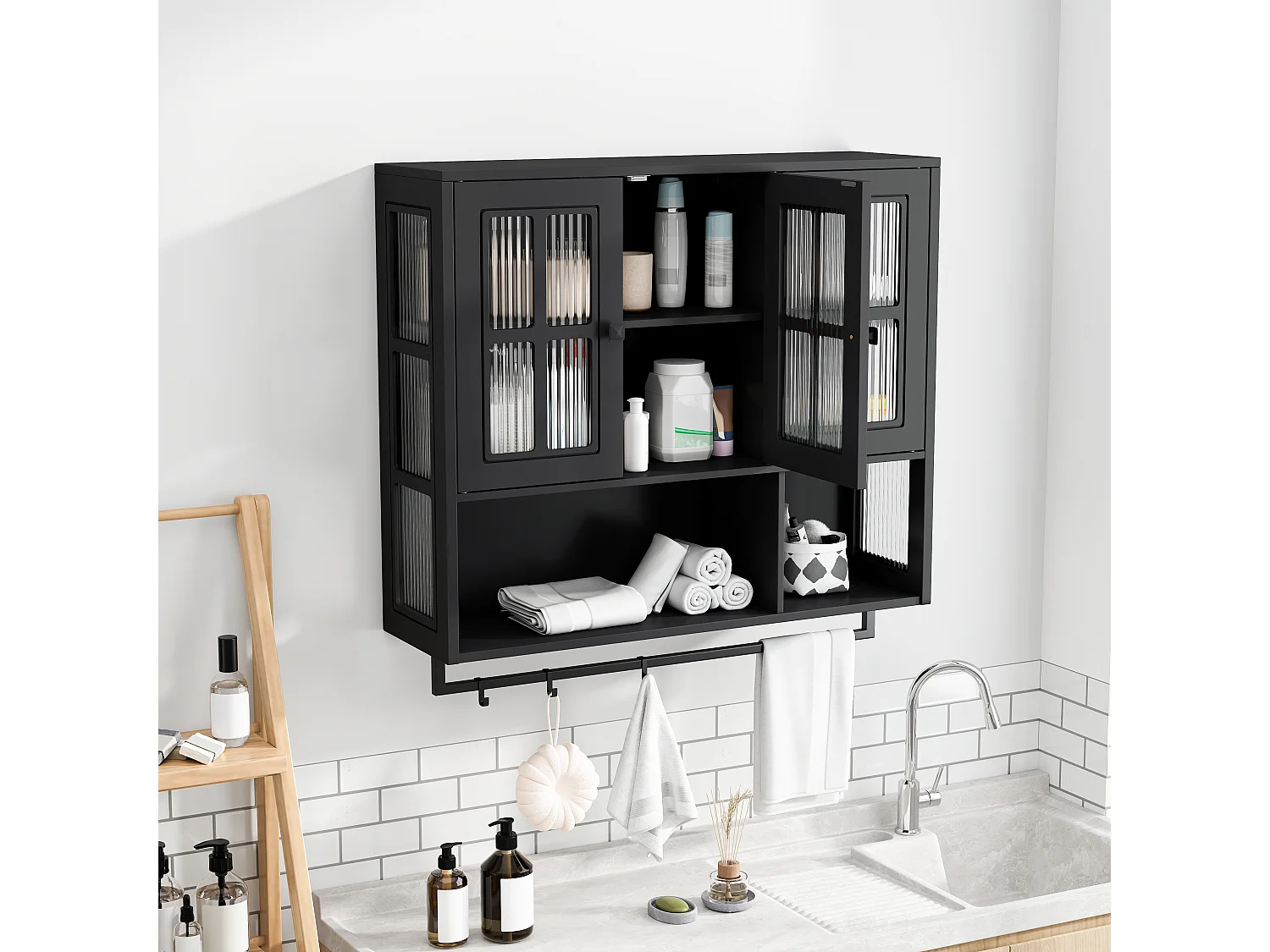 Armoire murale de salle de bain, 3 portes avec espace de rangement ouvert et caché, 88x26x69cm, Noir