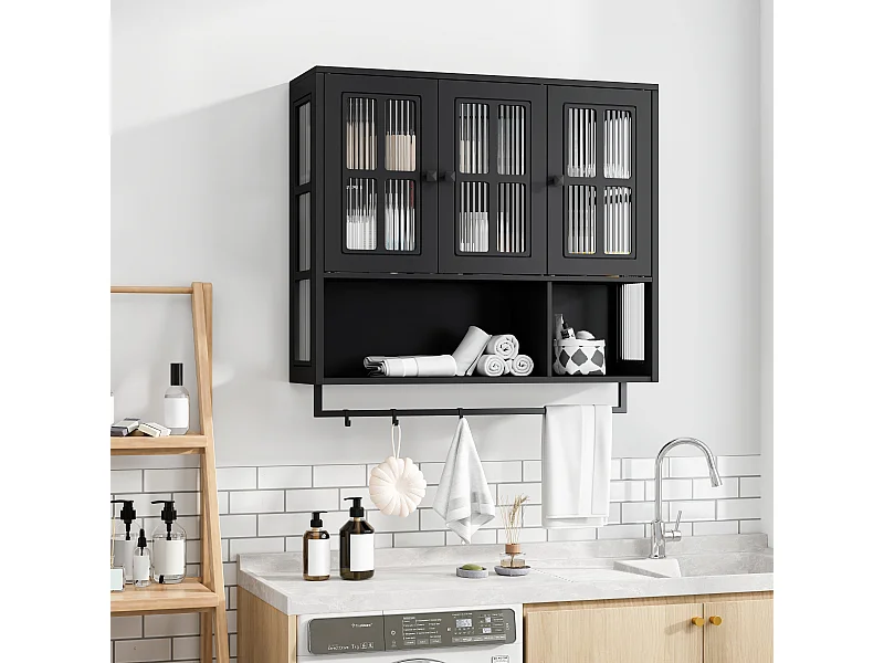 Armoire murale de salle de bain, 3 portes avec espace de rangement ouvert et caché, 88x26x69cm, Noir