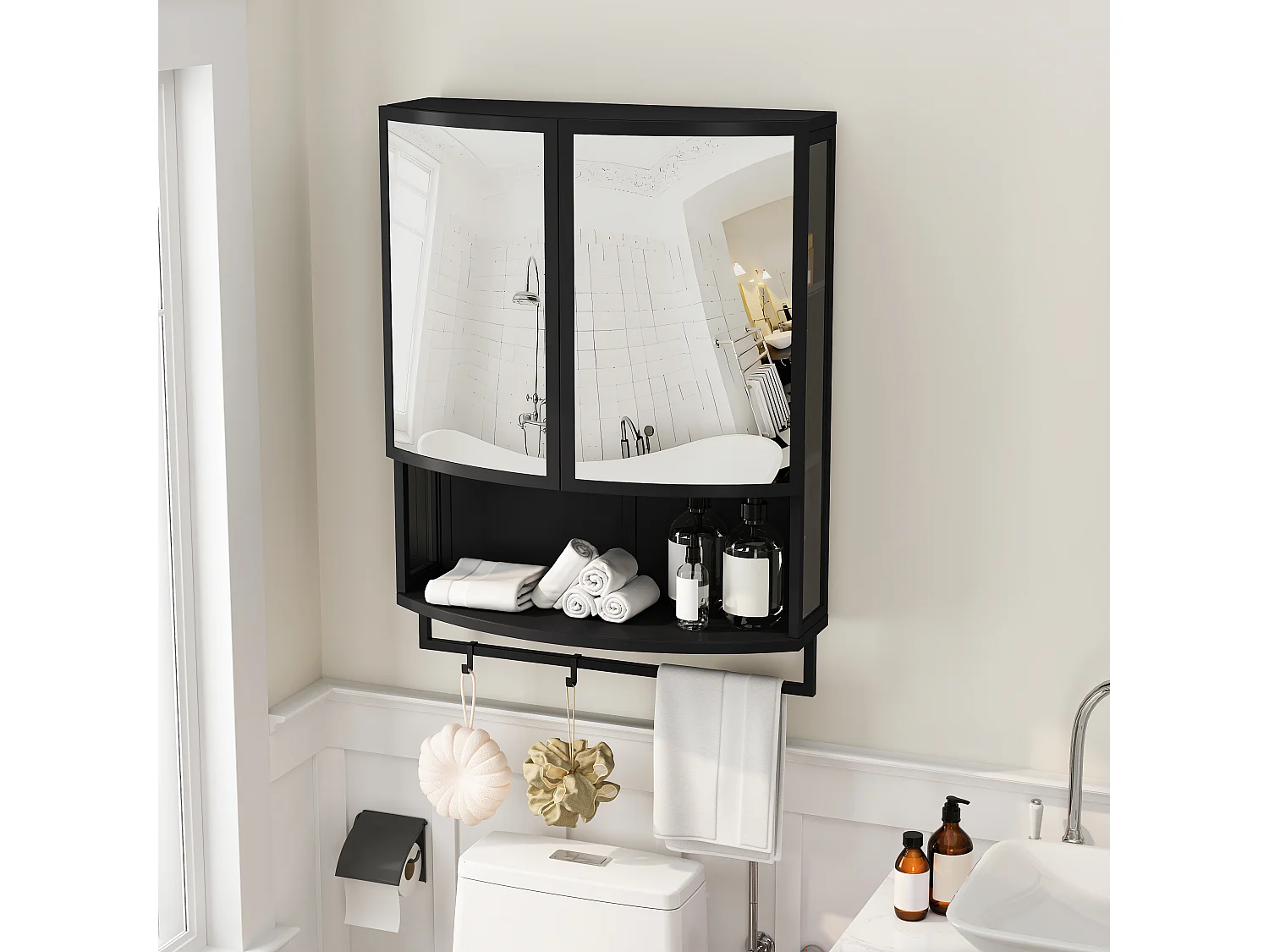 Armoire murale avec 2 portes miroir incurvées et porte-serviettes, métal, 60 × 22,5 × 80cm, Noir