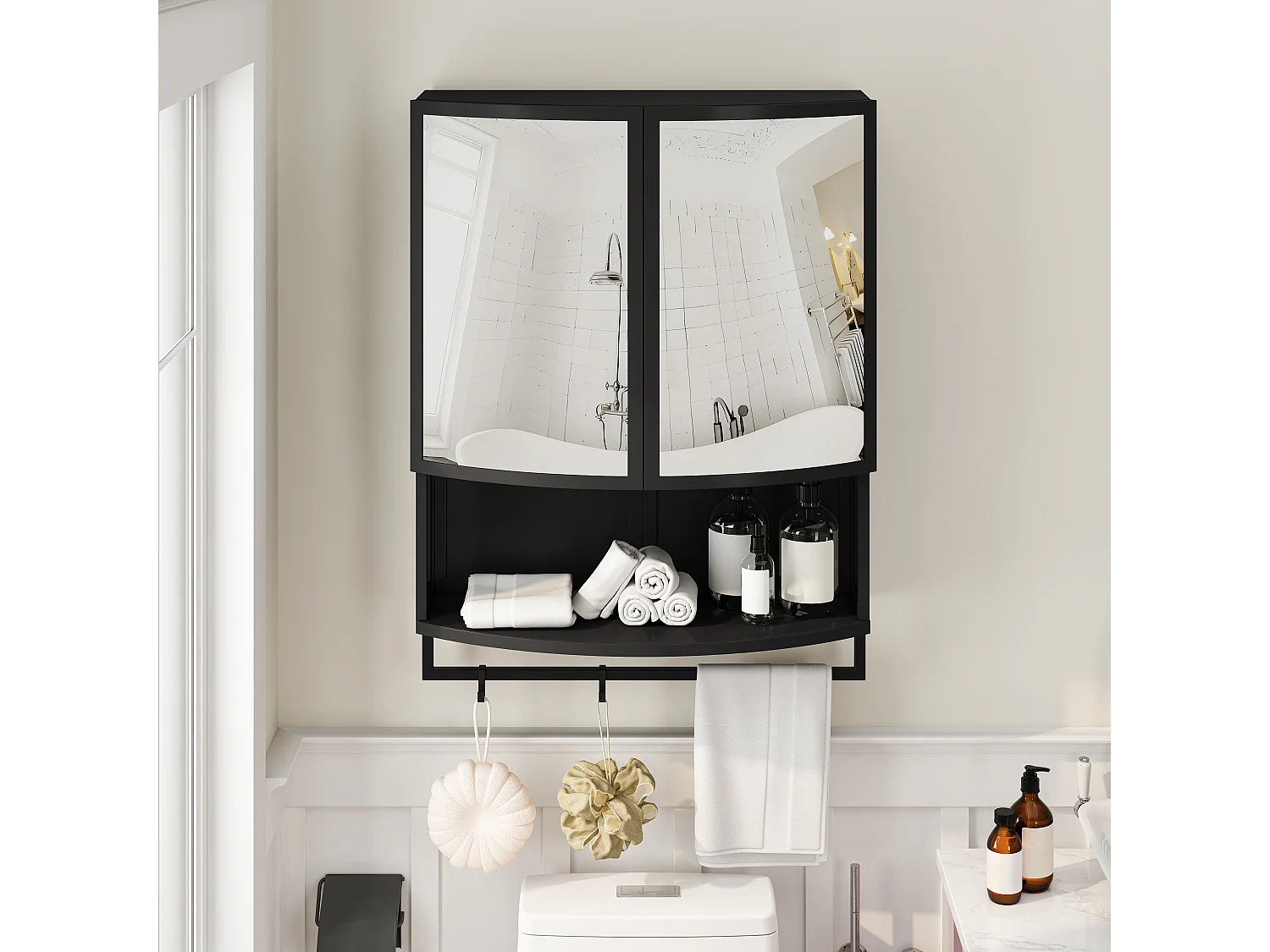 Armoire murale avec 2 portes miroir incurvées et porte-serviettes, métal, 60 × 22,5 × 80cm, Noir