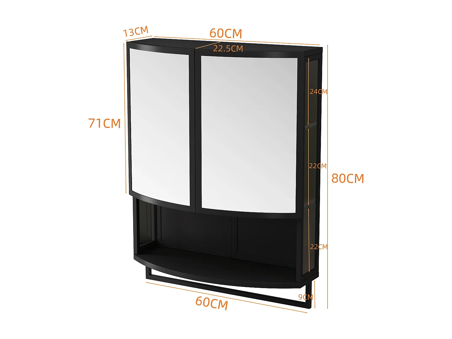 Armoire murale avec 2 portes miroir incurvées et porte-serviettes, métal, 60 × 22,5 × 80cm, Noir