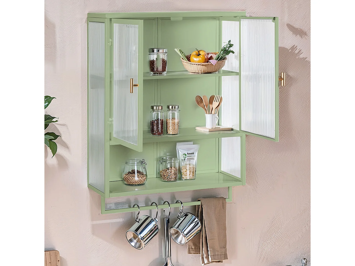 Armoire De Salle De Bain à Double Porte, pour Linge,Cuisine,Salon, avec Porte - Serviettes, Vert