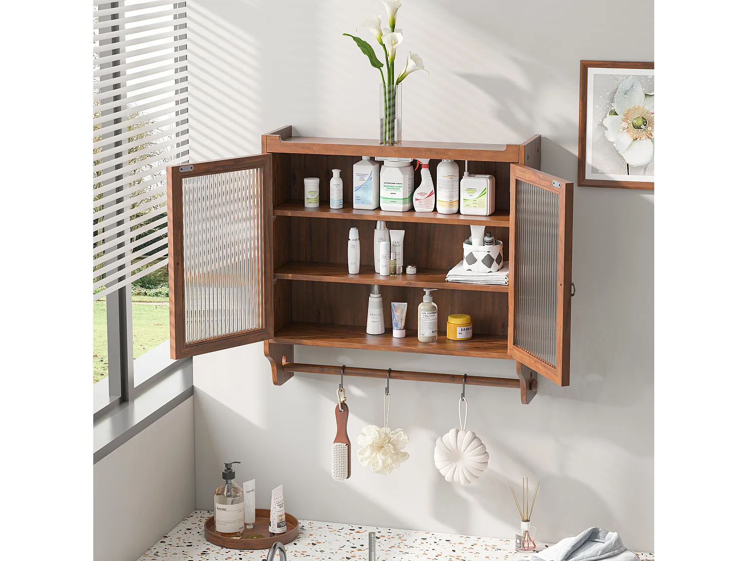 Armoire murale moderne avec 2 portes en verre et barre de suspension, Marron, 63 x 18 x 60 cm