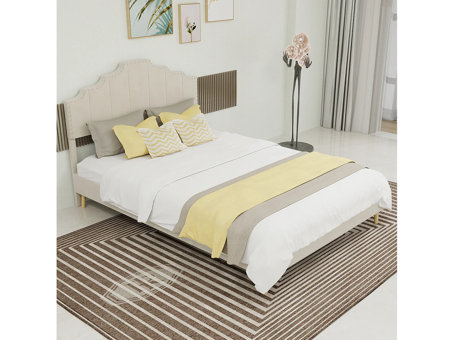 Łóżko dla dorosłych 140x200 cm, łóżko podwójne z tapicerowanym zagłówkiem i stelażem - aksamit - kolor beżowy (bez materaca)