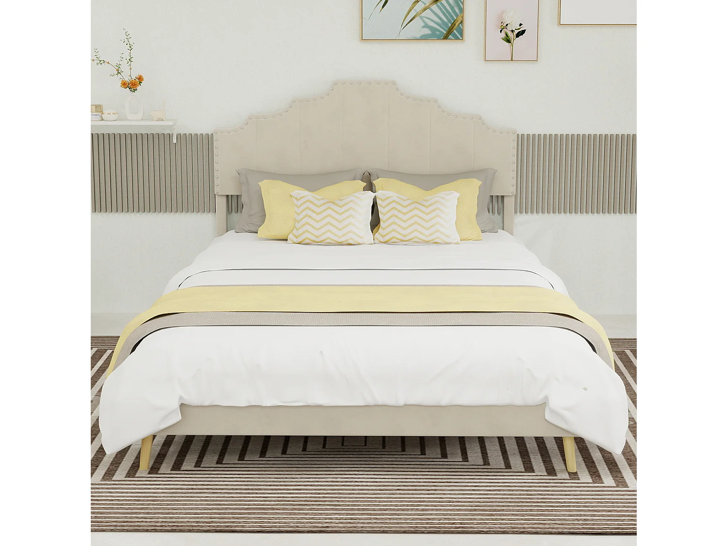 Łóżko dla dorosłych 140x200 cm, łóżko podwójne z tapicerowanym zagłówkiem i stelażem - aksamit - kolor beżowy (bez materaca)