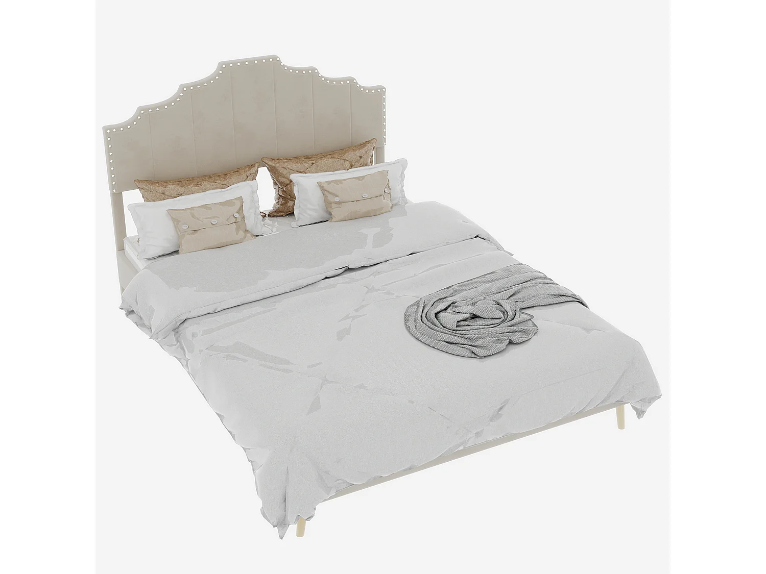 Łóżko dla dorosłych 140x200 cm, łóżko podwójne z tapicerowanym zagłówkiem i stelażem - aksamit - kolor beżowy (bez materaca)